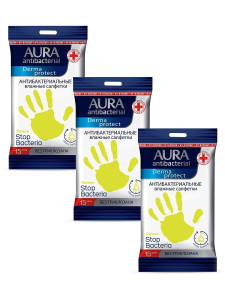 Салфетки влажные Aura Derma Protect Антибактериальные спиртовые 15 шт