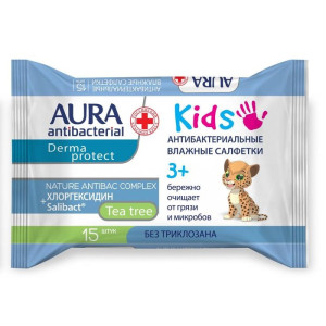Салфетки влажные Aura Derma Protect для детей 3+ 15 шт
