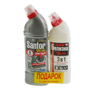 Набор  Sanfor для прочистки труб на кухне 1000 гр + Белизна гель 3 в 1 500 гр
