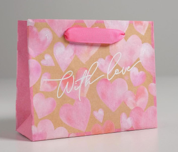 Пакет подарочный Китай With love,крафтовый горизонтальный 15×12×5.5 см