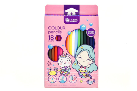 Карандаши цветные Schoolformat Cute Mermaids с модными стикерами внутри 18 цветов