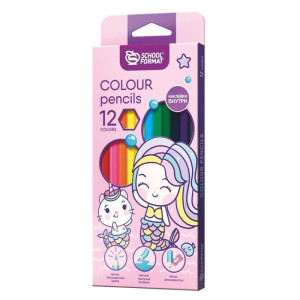 Карандаши цветные Schoolformat Cute Mermaids с модными стикерами внутри упаковки 12 цветов