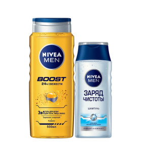 Набор средств по уходу за телом Nivea Men Boost+ гель для душа 3в1 500 мл + шампунь для волос Заряд чистоты 250 мл