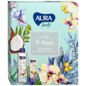 ПН AURA BEAUTY Be Happy (крем-гель д/душа Кокос и миндаль 250мл+крем д/рук Восстанавлив.75мл) 1/12