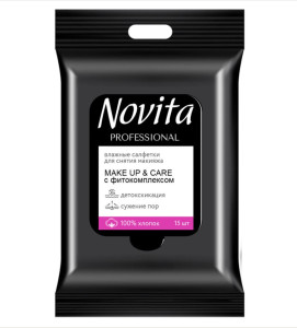 Салфетки для лица Novita Professional Make Up фитокомплекс влажные для снятия макияжа 15 шт