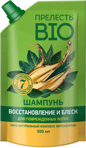 Шампунь для волос Прелесть Bio Восстановление и блеск Фитокератин для поврежденных волос сменный блок 500 мл