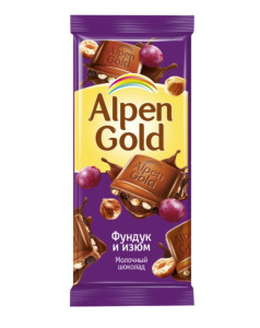 Шоколад Alpen Gold молочный Фундук и изюм 85 гр