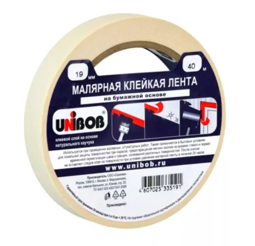 Лента клейкая малярная Unibob белая 19 мм х 40 м – 1