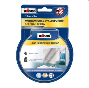 Лента клейкая двусторонняя Unibob монтажная для крепления зеркал на вспененной основе 19 мм х 5м