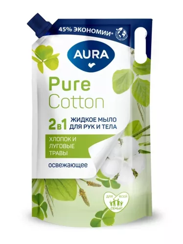 Мыло жидкое Aura Pure Cotton 2 в 1 Хлопок и луговые травы в мягкой упаковке 850 мл – 3