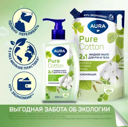 Мыло жидкое Aura Pure Cotton 2 в 1 Хлопок и луговые травы в мягкой упаковке 850 мл – 4