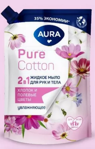 Мыло жидкое Aura Pure Cotton 2 в 1 для рук и тела Хлопок и полевые цветы в мягкой упаковке 450 мл – 1