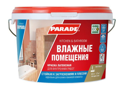 Краска В/Д латексная PARADE W100 Влажные помещения база А матовая 9л Россия (1)