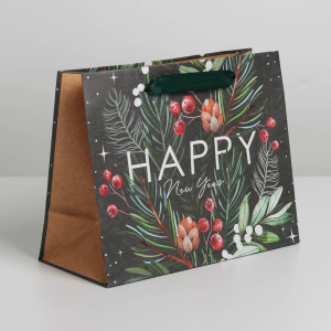 Пакет подарочный Дарите Счастье крафтовый горизонтальный Happy New Yea  23×18×10 см