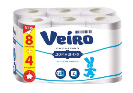 Туалетная бумага Veiro Домашняя 2-х слойная белая 8+4 рулона