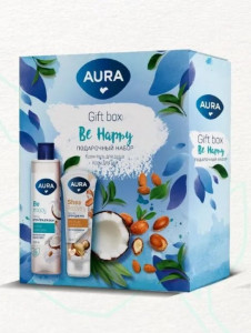 Подарочный набор Aura Be Happy Крем-гель для душа Кокос и миндаль 250 мл, крем для рук Восстанавливающий 75 мл