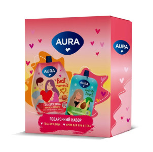 Подарочный набор Aura Dream and Love Гель для душа Карамель-попкорн 250мл и крем для рук и тела Авокадо-зеленый чай 100мл 