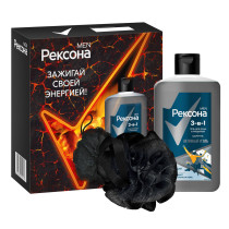 Подарочный набор Рексона Men Активный уголь Гель для душа 3в1 490 мл и мочалка для душа