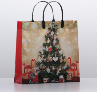 Пакет подарочный Елка в золоте софтпласт 30х30х10 см