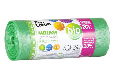 Мешки для мусора Fun Clean 60л Особо прочный биоразлагаемые 20+4шт Промо 20%
