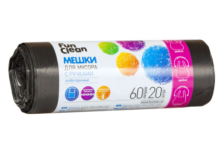 Мешки для мусора Fun Clean 60л Особо прочный с ручками черный, ролик 12 мкм 30ш