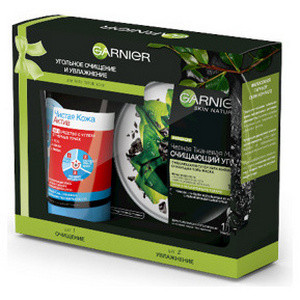Подарочный набор Garnier Skin Naturals  Гель+Скраб+Маска для лица Чистая Кожа Актив 3-в-1 с углем, 150 мл и Черная Тканевая маска Очищающий Уголь + Черные водоросли, 28 гр. - 1