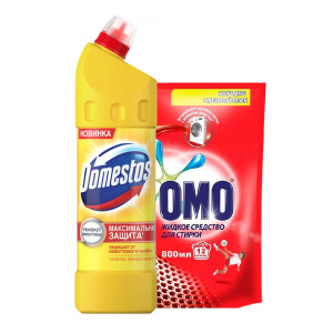 Чистящее средство Domestos Лимонная свежесть универсальное 1 л и жидкое средство для стирки ОМО 800 мл