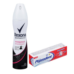 ПРОМО REXONA Антиперспир-аэрозоль  Невид.Чистый бриллиант 150мл+з.паста PEPSODENT Отбеливающая 25г
